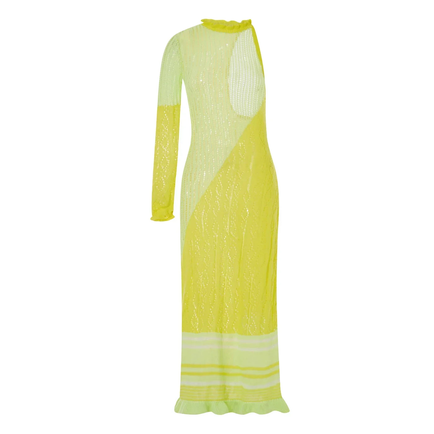 Crochet Knitted Dress for Women Contrast Hollow-Out See-Through One Shoulder Long Sleeve Beach Dress Bikini Cover-Ups