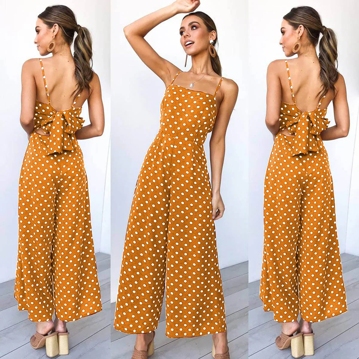 Women Elegant V-Neck Sleeveless High Waist Jumpsuit Summer Sexy Polka Dot Romper Female Loose Wide Leg Playsuits Fashion