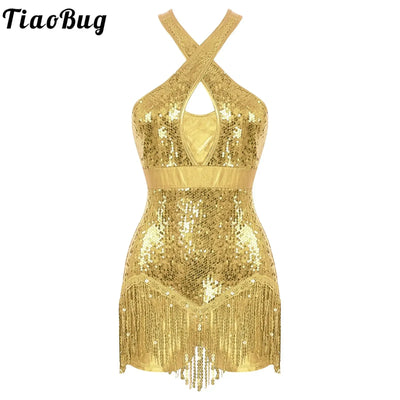 Women's Sequin Dance Dress Latin American Dance Costume Body Sleeveless Classical Samba Rumba Dresses Jazz Ballerina Dancewear