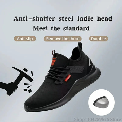 Braided safety shoes for men with steel toe protection, bump-proof, breathable, comfortable, lightweight, durable and safe.