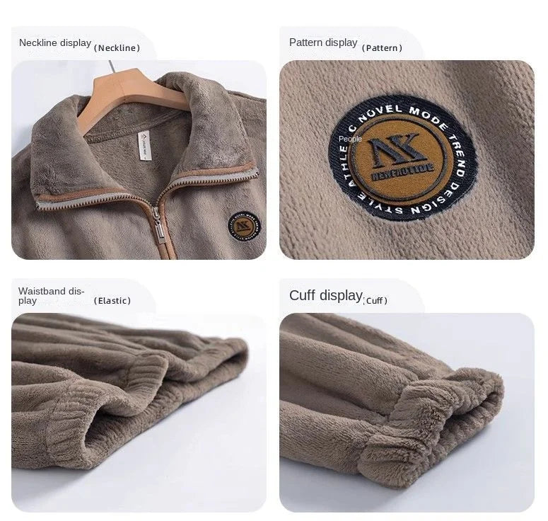 Men's Plush Fleece Pajamas Set Winter Warm Flannel Sleepwear