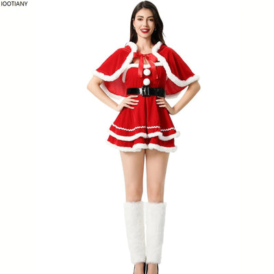 Christmas Costume Women Santa Tube Top Dress With Hood Shawl Belt Xmas Lolita Dresses Christmas Gifts Carnival Party Fancy Suits