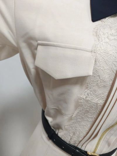 VGH Designer Slimming Hit Color Spliced Belt Long Dresses For Women Lapel Long Sleeve High Waist Temperament Dress Female New