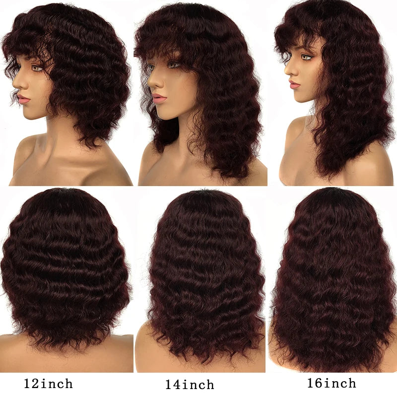 Short Curly Human Hair Wig Brazilian Hair Deep Wave Wig With Bangs Natural Human Hair Machine Made Wig For Women