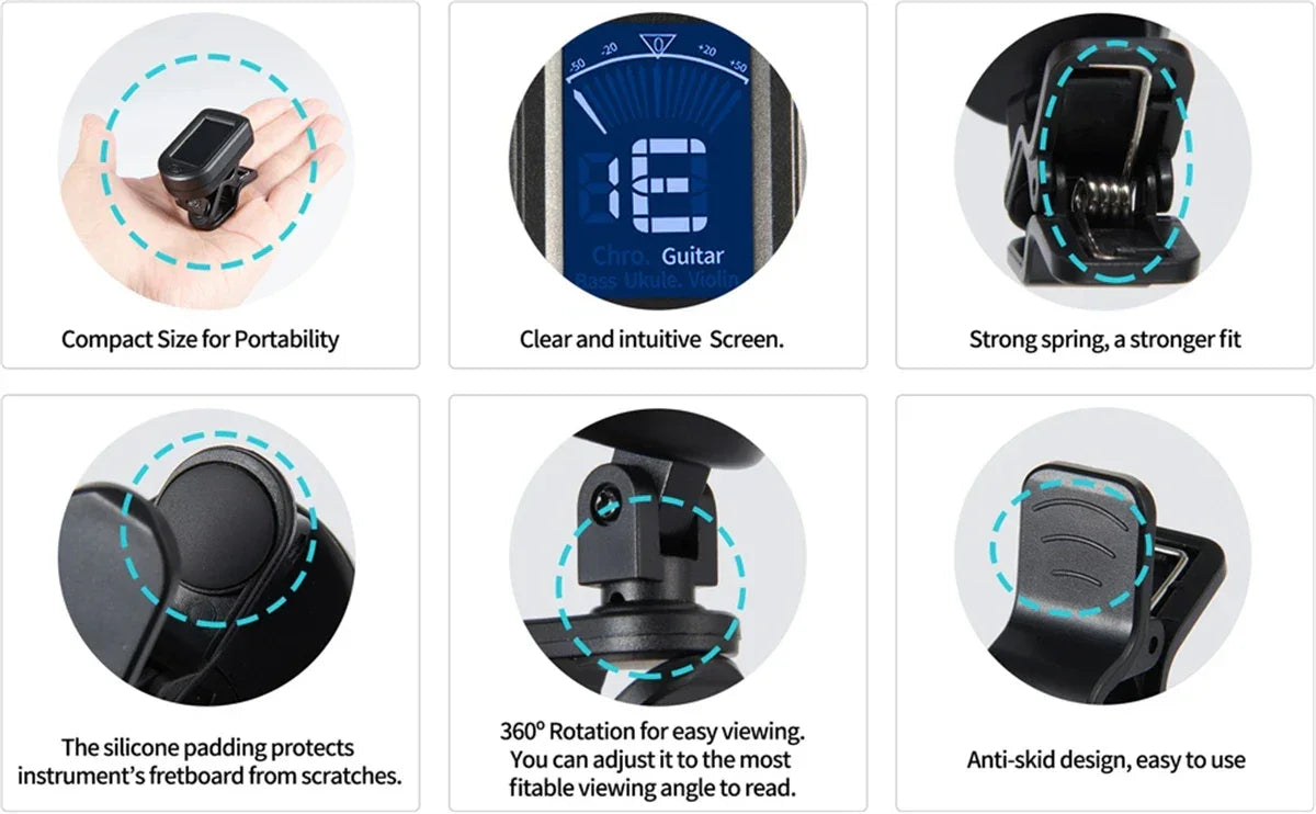 Guitar Tuner For All Instruments Clip on Electronic Tuner for Guitar Bass Ukulele Violin Mandolin Banjo