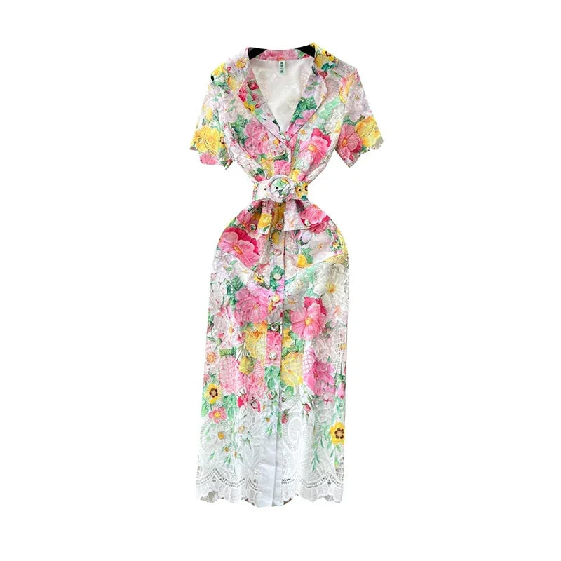 Women's Summer Dress New European American Elegant Suit Collar Short Sleeved Dress Temperament Slim Fit Hollow Lace Dress C19