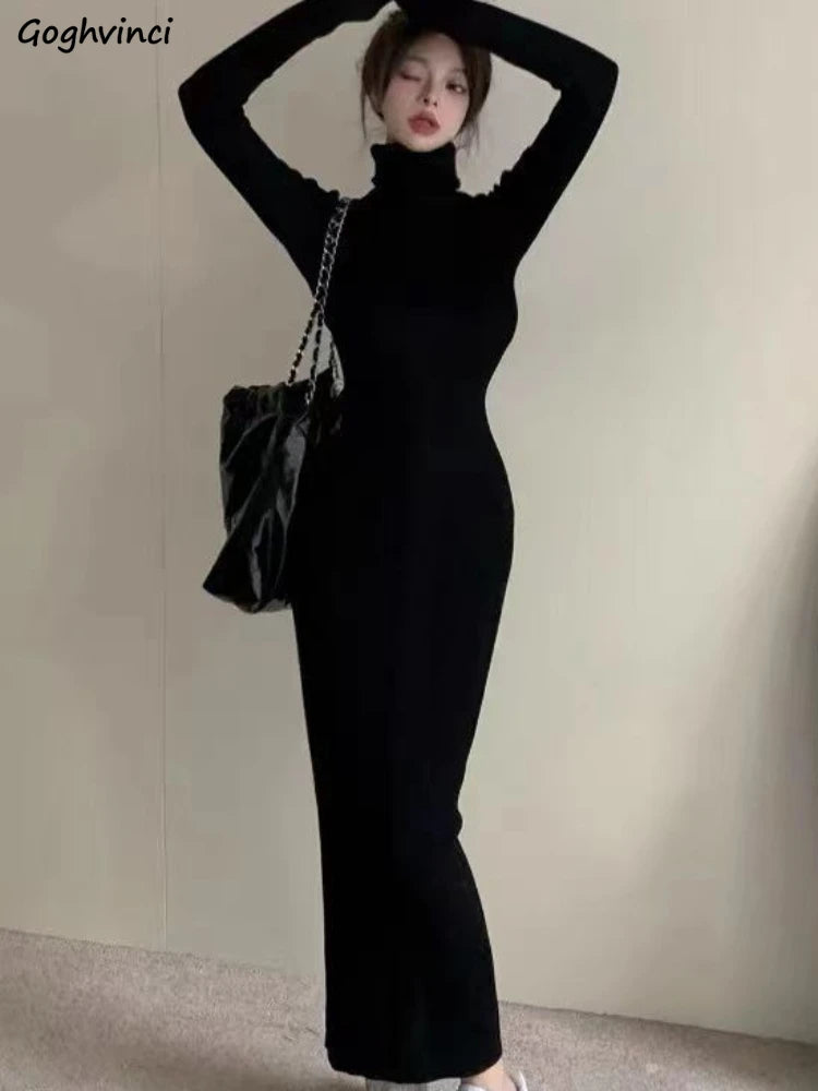 Turtleneck Black Dresses Women Solid Skinny Ladies Clothing Autumn Ankle-length Bodycon Long Sleeve Sexy Warm Fashion Trumpet