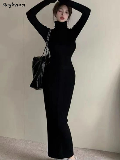 Turtleneck Black Dresses Women Solid Skinny Ladies Clothing Autumn Ankle-length Bodycon Long Sleeve Sexy Warm Fashion Trumpet