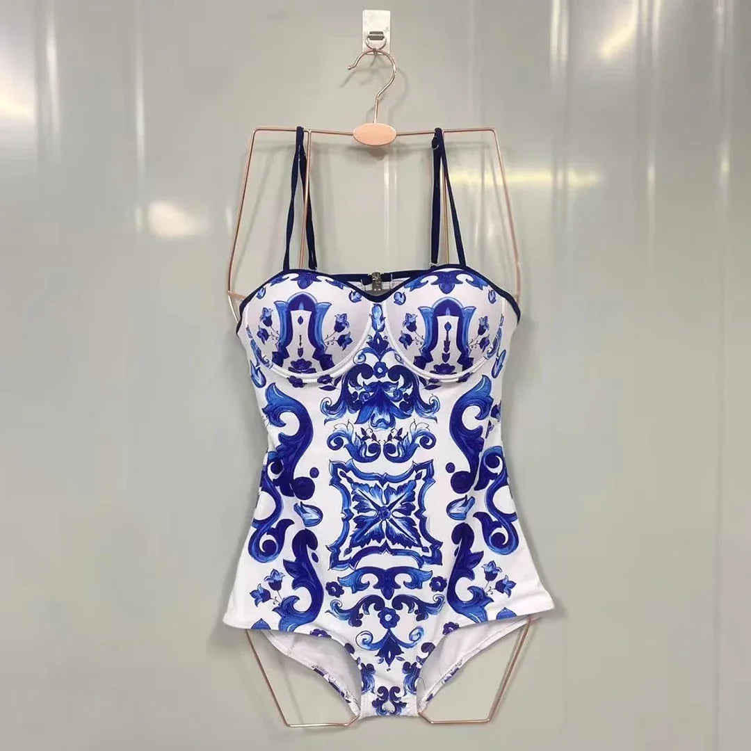Fashion Design Women's Swimsuit Designer Brand Blue White Porcelain One-piece Beach Swimwear