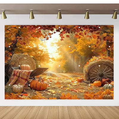 Autumn Thanksgiving Party Photo Backdrop Farm Harvest Maple Leaves Sunflowers Scarecrow Pumpkin Backdrop Poster Studio Photozone