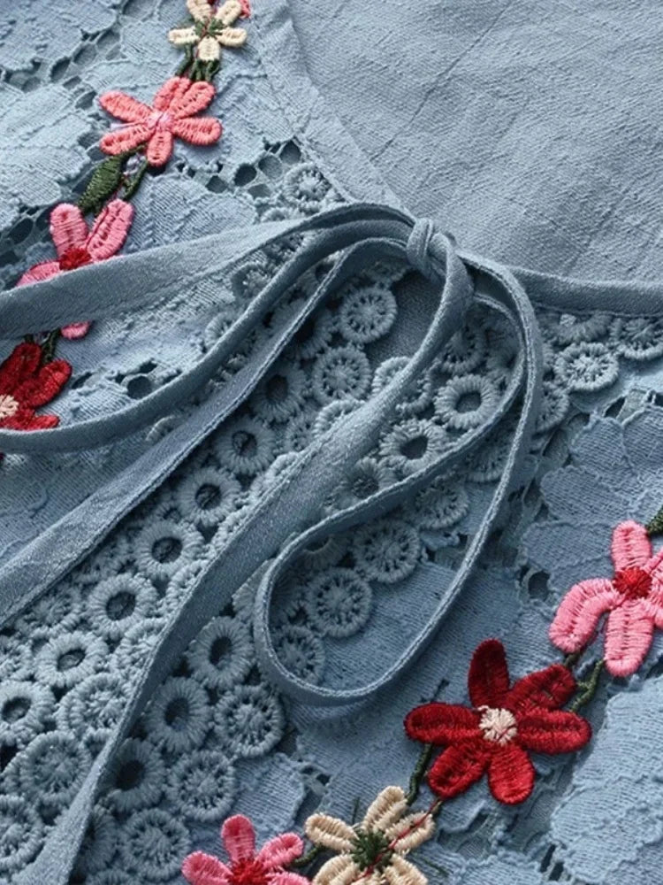 Summer cotton linen lace women's top 8865