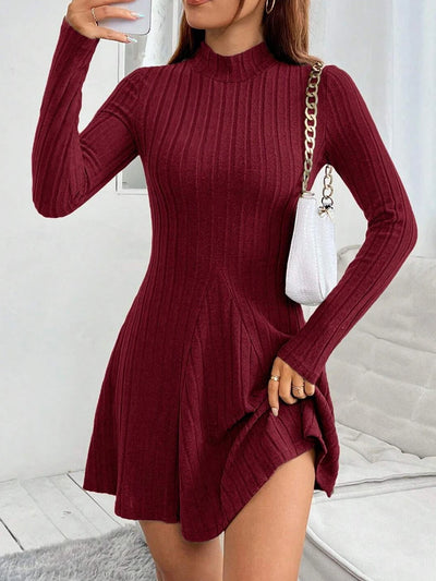 Wine red semi-turtleneck knitted dress for women, long sleeves, slim fit, waist-cinching, flared skirt, autumn and winter slimmi