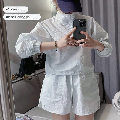 Jacket Shorts Tracksuit Women Two Piece Set Half Zipper Quick Drying Casual Loose Run Sports Sunscreen Shorts 2 Piece Sets