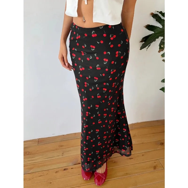 Summer Fashion Long Skirts for Women's Cherry Print High Waist Contrast Patchwork Slim Elegant Sexy Slim Ladies Y2k Maxi Skirt