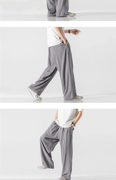 Summer Large Size Linen Cotton Wide Leg Pants Men Casual Comfortable Loose Fit Straight Leg Trousers Long Pants