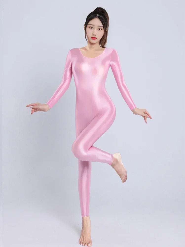 Women's Sexy Yoga Shaper Jumpsuit Dance SM Wear Oil Glossy High Elastic Long Sleeves Bodysuit Sheer Slip Satin Slimming Tights