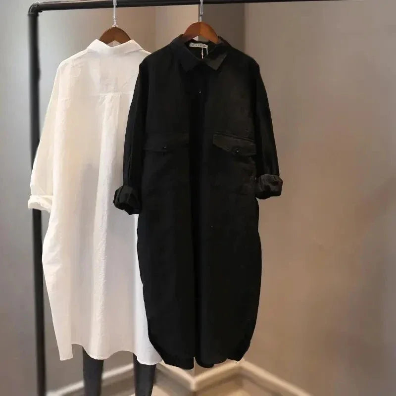 Cotton Linen Women Medium-Length White Polo Shirt