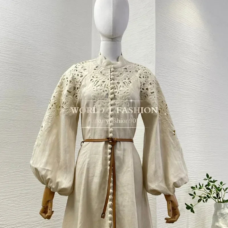 2025 Slik Beige Long Sleeve Midi Dress for Women