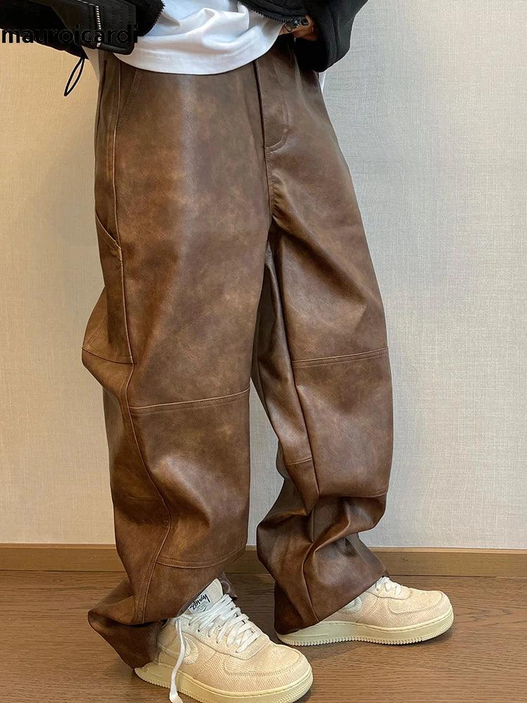 Mauroicardi Autumn Long Retro Cool Baggy Distressed Washed Brown Soft Pu Leather Wide Leg Pants for Men Luxury Designer Clothes