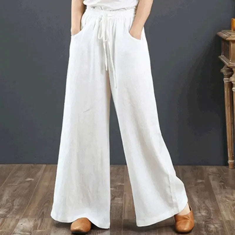 Wide-leg Pants Spring Casual Women's Versatile Loose Cotton Linen High-waist Drawstring Straight Trousers