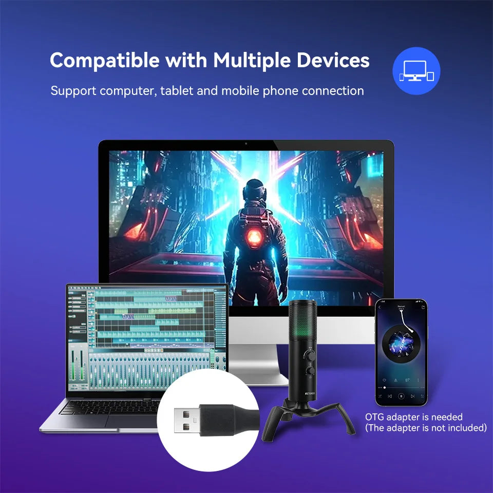 Retekess USB Dynamic Microphone TG101 Headphone Jack Mute Button RGB Gain Control Gaming MIC For PC PS5/4 Recording Streaming