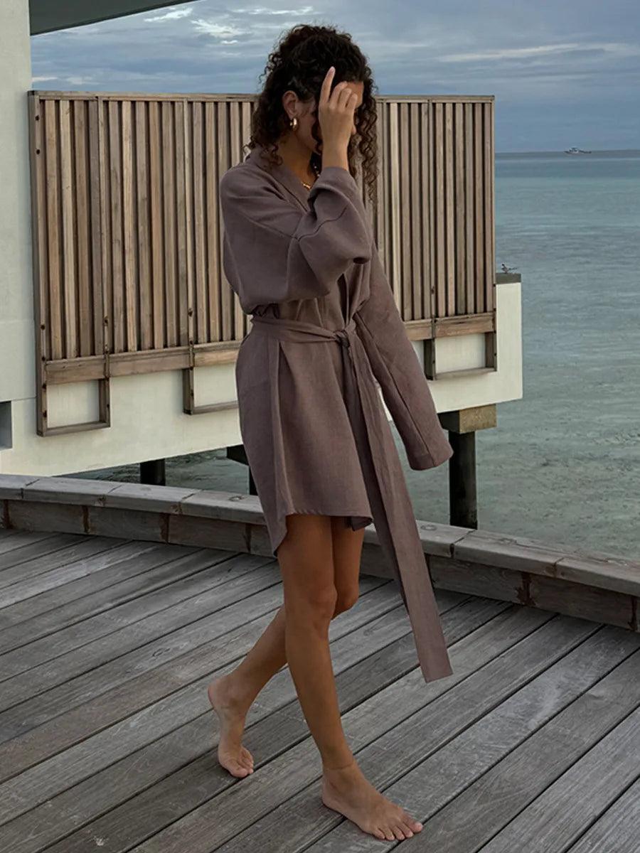 Elegant cotton linen v-neck beach dress 2025 spring and summer women fashion soft comfortable loose lace vacation casual
