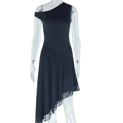 Women Sexy Dresses Summer 2025 Solid Color Sexy Slant Collar Midi Irregular Evening Dress Luxury Elegant Splicing Dress Vestidos