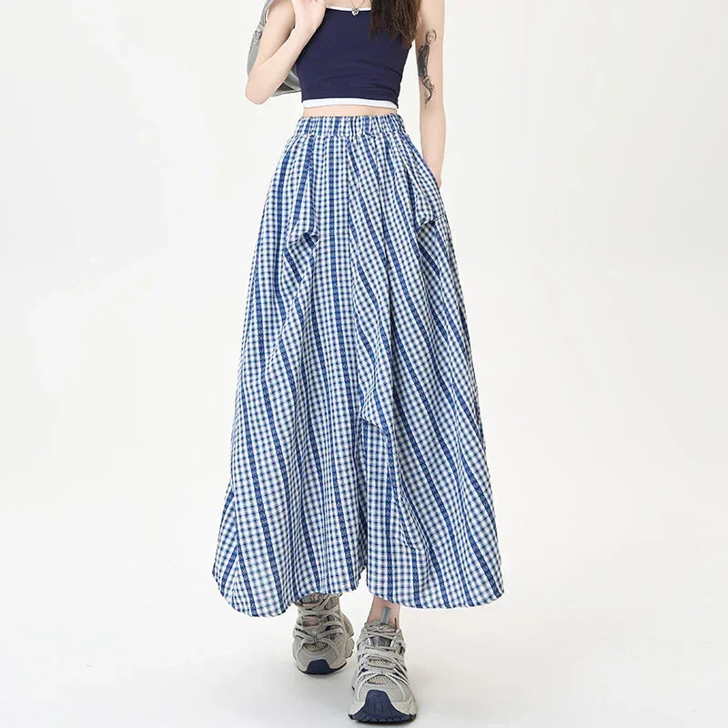 Summer Women Checkered A Line Skirt High Waist Slim Fit Pleated Length Fashion Irregular Contrast Colors Flowy Swing Style