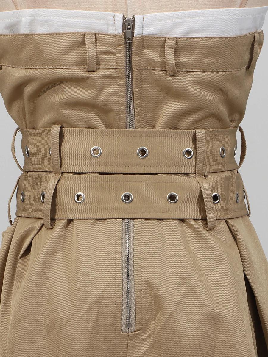 VGH Ameican Retro Irregular Cargo Dresses for Women Strapless Sleeveless High Waist Spliced Double Sashaes Midi Dress Female New