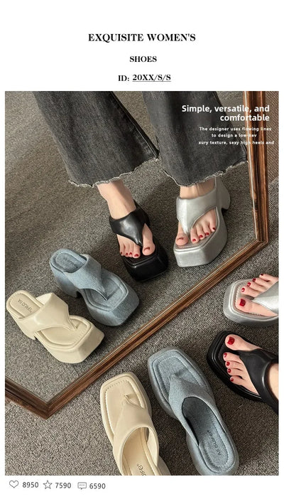 Women's Summer Outdoor Platform Sandals Flip Flops High Heel Thi Bot Clog oes Heightening Slippers Korean Sle PU Mat...