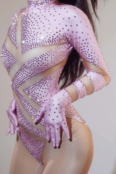 Sexy Stretchy Performance Dance Nightclub Rompers Show Stage Wear Sparkly Rhinestones Jumpsuit Gloves for Women Costume Jimu