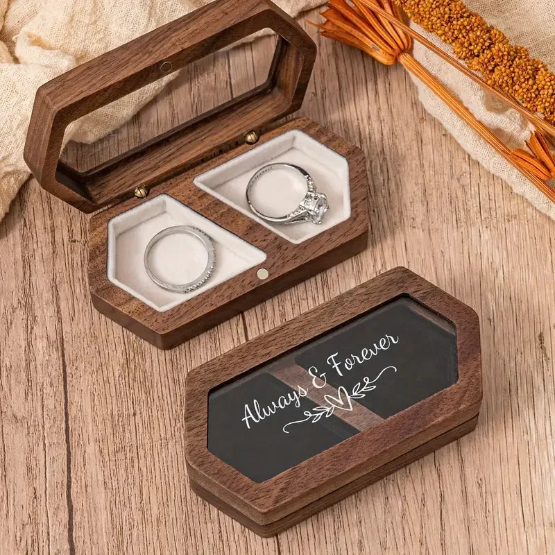 Engraved Wooden Ring Box, Double Slot, Perfect for Wedding, Proposal Rings, Romantic Gift for Wife, Jewelry, Always & Forever"