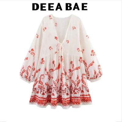 Women's Dresses Summer 2025 New Printed Long Sleeve Dress Mini Skirt Emotional V-neck Design Tassel Trim Stylish and Sexy