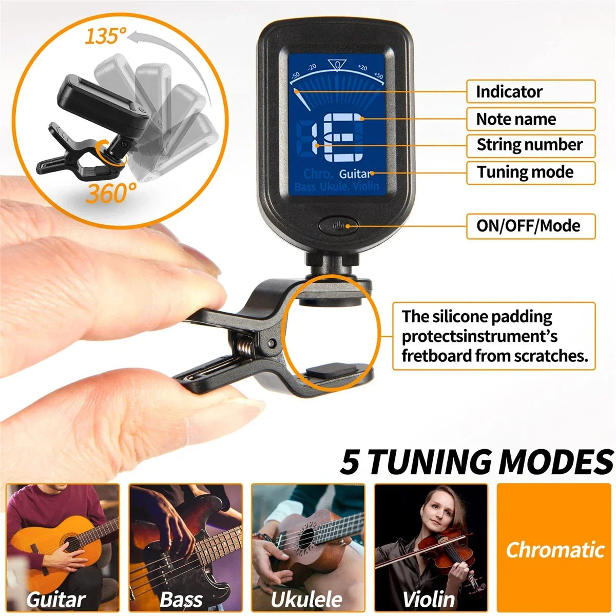 Guitar Tuner For All Instruments Clip on Electronic Tuner for Guitar Bass Ukulele Violin Mandolin Banjo