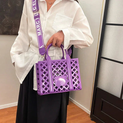 Designer Tote Bag For Women Brand Hollow Out Shoulder Bag 2025 New Travel Beach Handbag Purple Bag Fashion Shopper Purse