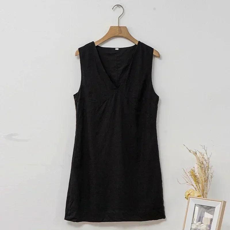 Women’s casual linen sleeveless dress v-neck chic elegant cotton-linen blend summer fashion sexy new arrival vestidos