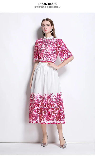Summer Short Sleeve A-LINE Set Skirt for Women Fashion Ruffled Collar Embroidery Set Skirt Women Vestidos De Verano Mujer Q344