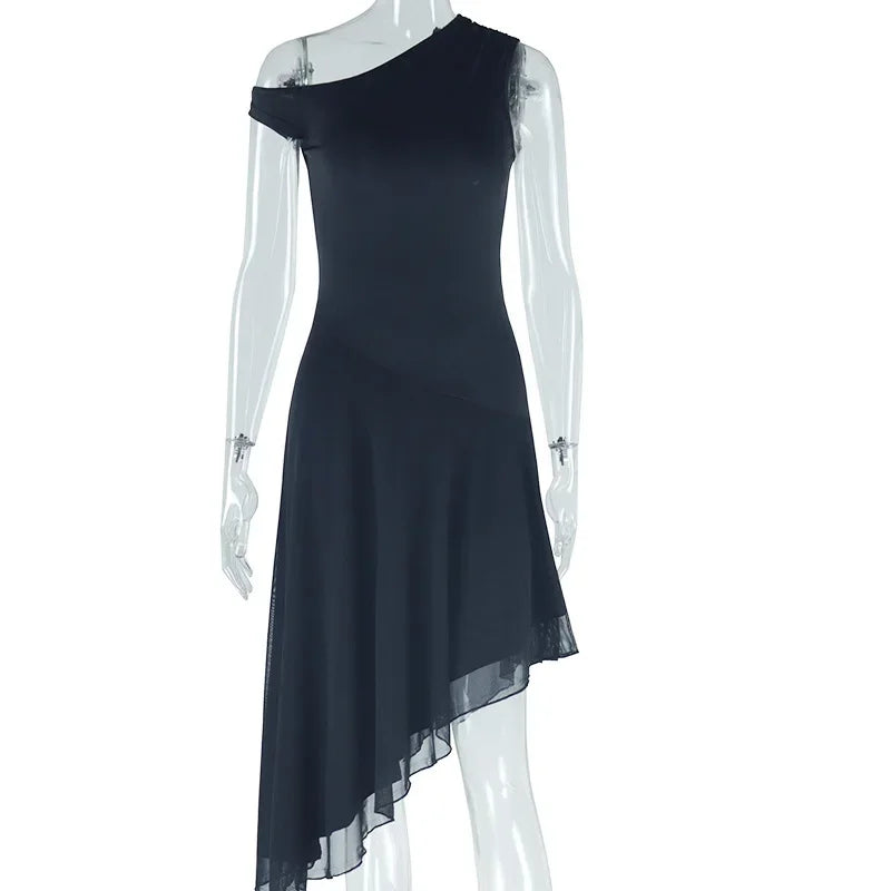 Women Sexy Dresses Summer 2025 Solid Color Sexy Slant Collar Midi Irregular Evening Dress Luxury Elegant Splicing Dress Vestidos