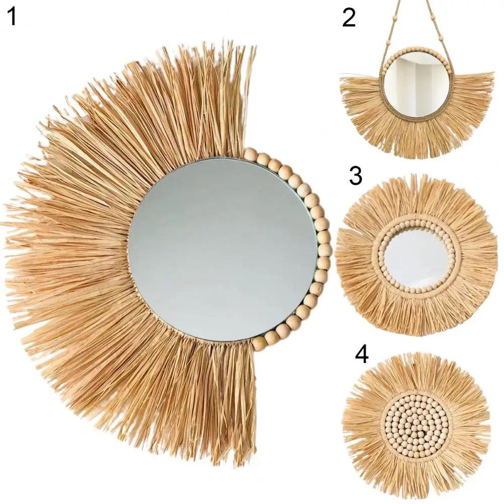 Home decor hanging mirror raffia wood beads acrylic multifunct decorative decorations bedroom wall room