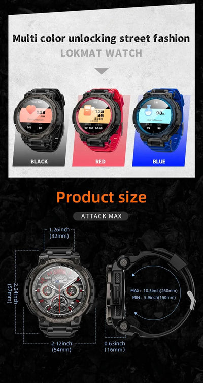 LOKMAT New ATTACK MAX Sport Rugged Smart Watch BT Calls Waterproof Military Smartwatches Heart Rate Monitor Fitness Tracker
