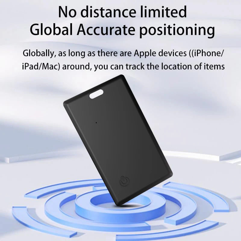 Slim black rectangular AirTag card tracker with rounded edges for Find My app