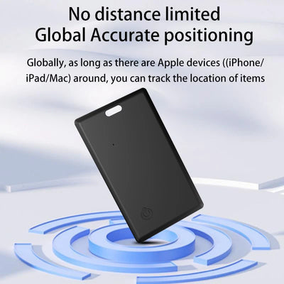 Slim black rectangular AirTag card tracker with rounded edges for Find My app