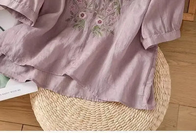 Linen V-neck EmbroideryTop For Women