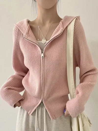 2025 New Casual Long Sleeve Hooded Sweaters Fashion Zipper Cardigan Women's Sweet Knitted Sweater Autumn Solid Sweater Coat