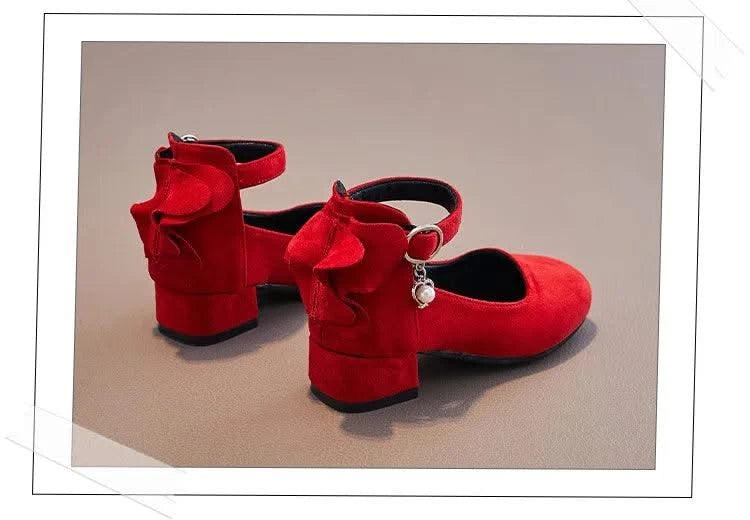 Kids Velvet Black, Pink, Red Leather High Heeled Shoes 3-15T | Girl's Princess Shoes For Party, Wedding, Dance | Children's Fashion