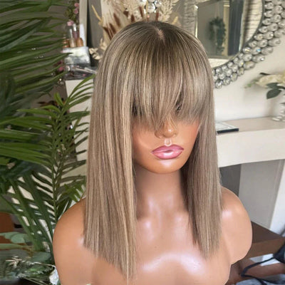 Real Human Hair Wigs with Bangs Short Bob Wig Straight Lace Front Wig Natural Hairline HD Lace Ash Blonde Fringe Wig Dark Roots
