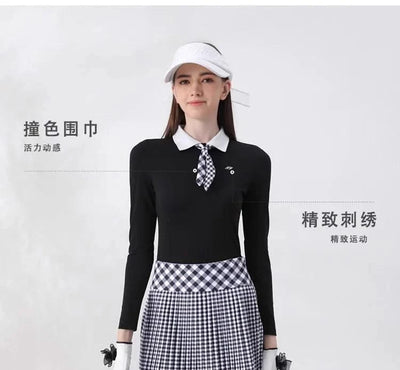 Women's Golfwear for  Slim-Fit Long-Sleeve Top with Polo Collar and Bow Tie, High-End Golf Hundred-Pleat Skirt Suit