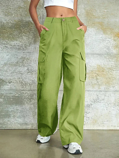 Women's Plain Multi-pocket High Waist Cargo Pants, Casual Street Straight Leg Pants for Daily Wear, Ladies Bottoms