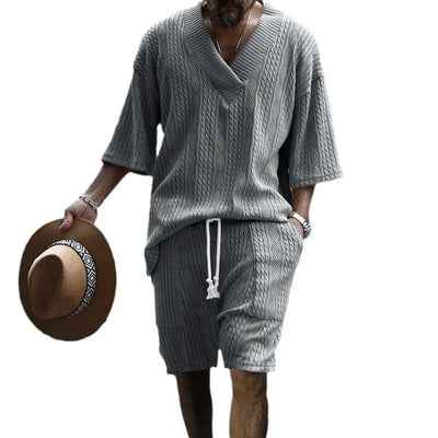 New cross-border jacquard casual suit men's summer loose short-sleeved shorts V-neck sports suit