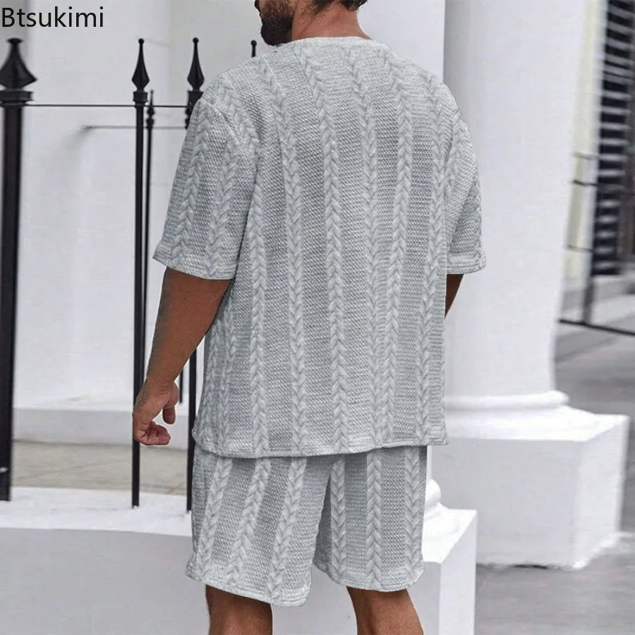 2025 Summer Casual Shorts Sets Knitted Jacquard Two Pieces Men's Tracksuit Solid O-neck Short Sleeve T-shirts+Shorts Streetwear